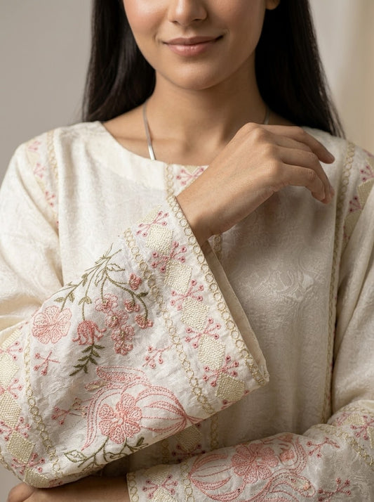 Elegant Ivory Floral Embroidered 3-Piece Suit