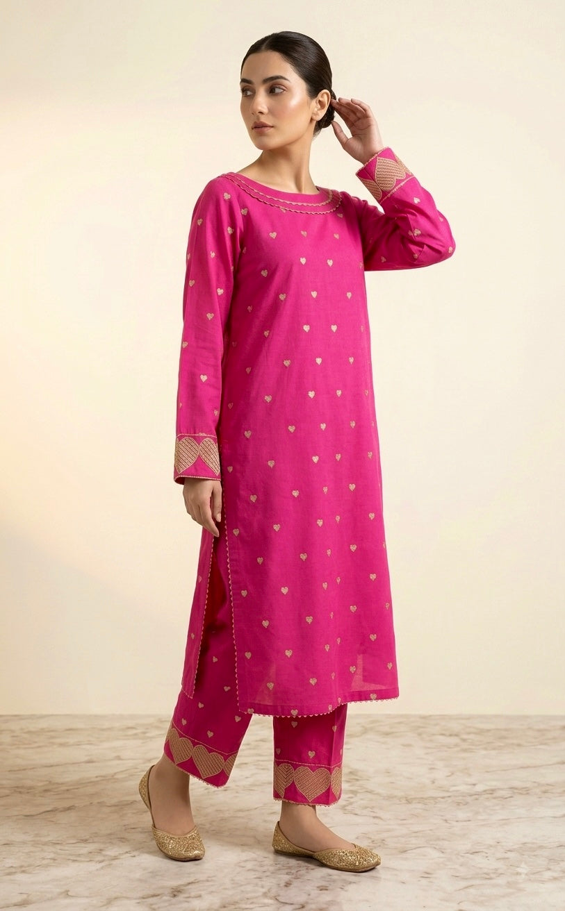 Pink Heart Embroidered 2PC