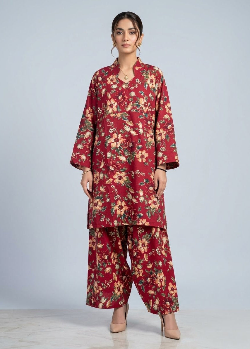 Maroon Floral Printed 2Pc