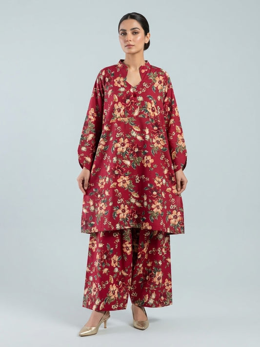 Maroon Floral Printed 2Pc