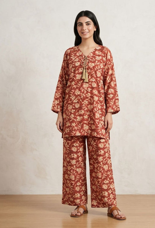 Printed 2-Piece Co-Ord Set – Rust Floral