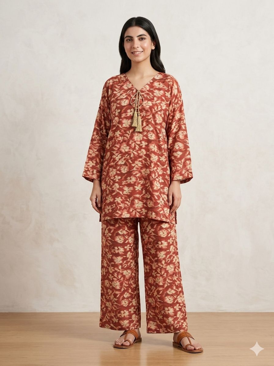 Printed 2-Piece Co-Ord Set – Rust Floral