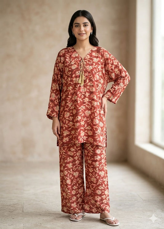 Printed 2-Piece Co-Ord Set – Rust Floral
