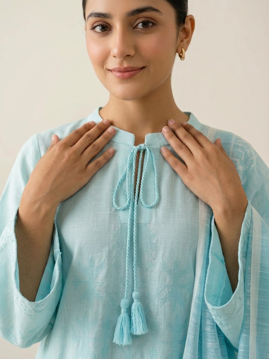Aqua Blue Embroidered 3-Piece