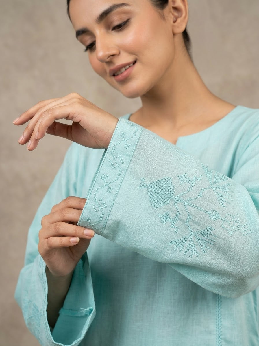 Aqua Blue Embroidered 3-Piece