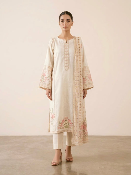 Elegant Ivory Floral Embroidered 3-Piece Suit