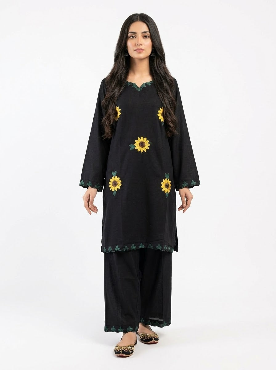 Black Floral Embroidered 2-Piece Suit – Winter Collection