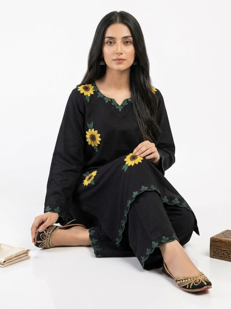 Black Floral Embroidered 2-Piece Suit – Winter Collection