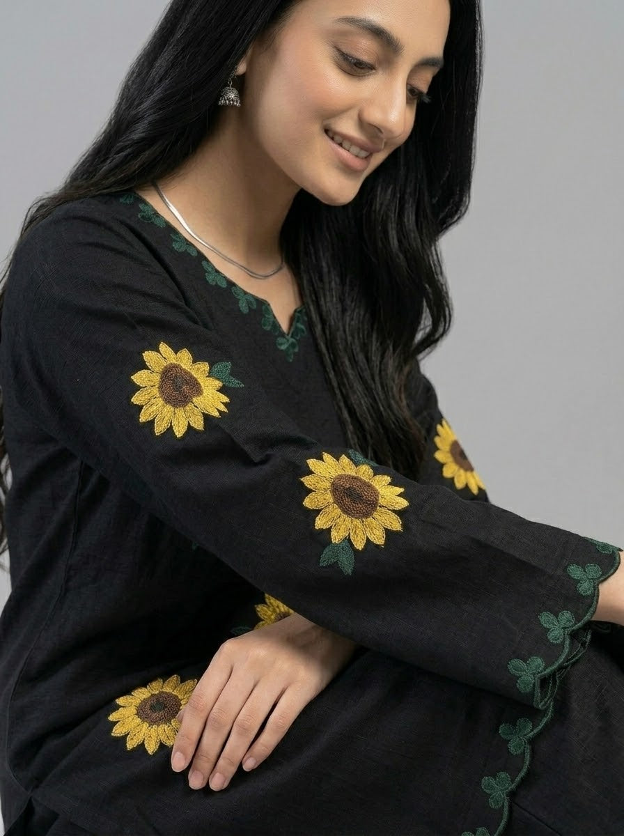 Black Floral Embroidered 2-Piece Suit – Winter Collection