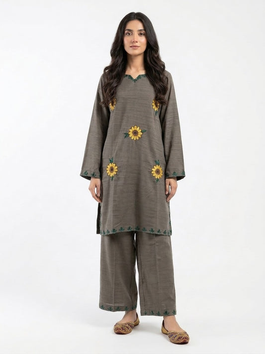 Elegant Grey Floral Embroidered 2-Piece Suit