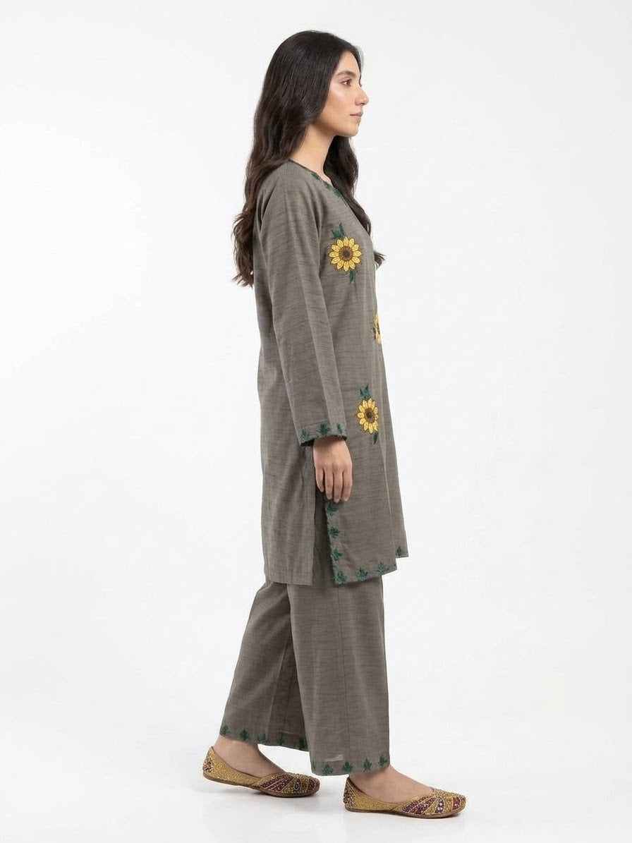 Elegant Grey Floral Embroidered 2-Piece Suit
