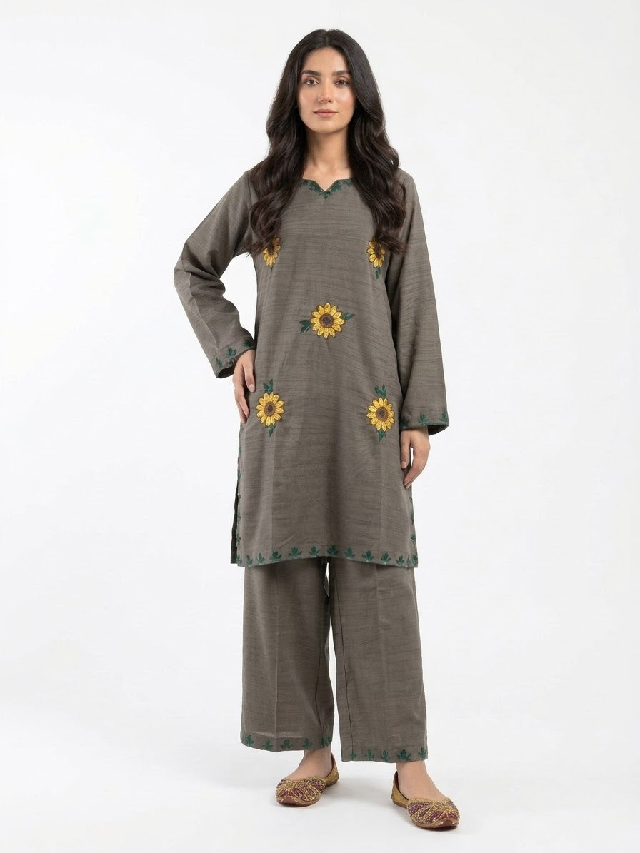Elegant Grey Floral Embroidered 2-Piece Suit
