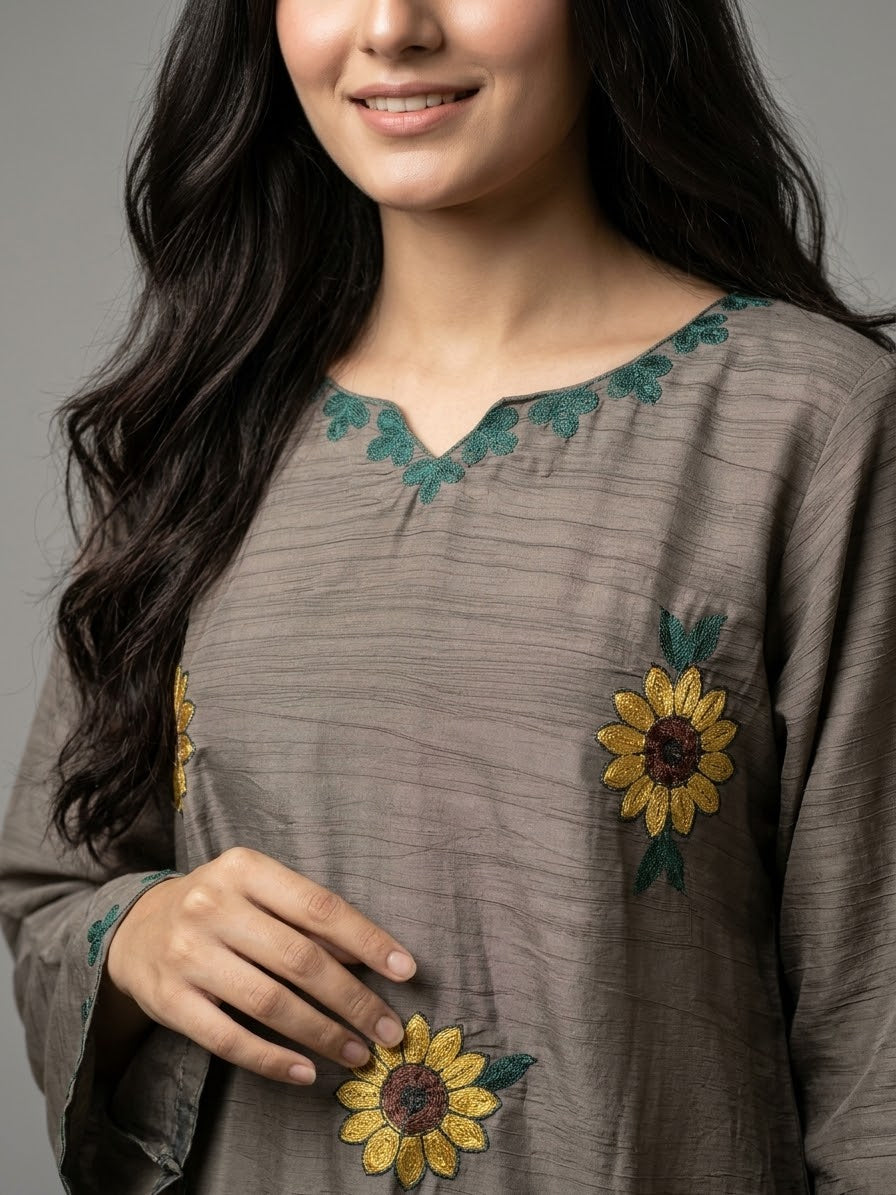 Elegant Grey Floral Embroidered 2-Piece Suit