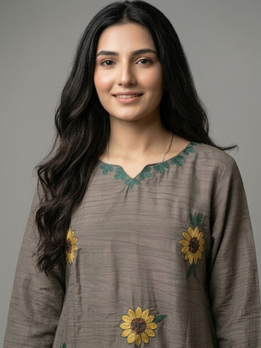 Elegant Grey Floral Embroidered 2-Piece Suit