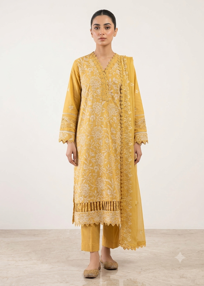 Mustard Embroidered 3PC