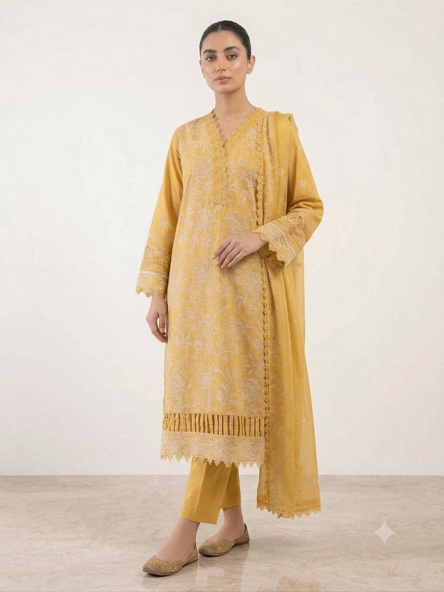 Mustard Embroidered 3PC