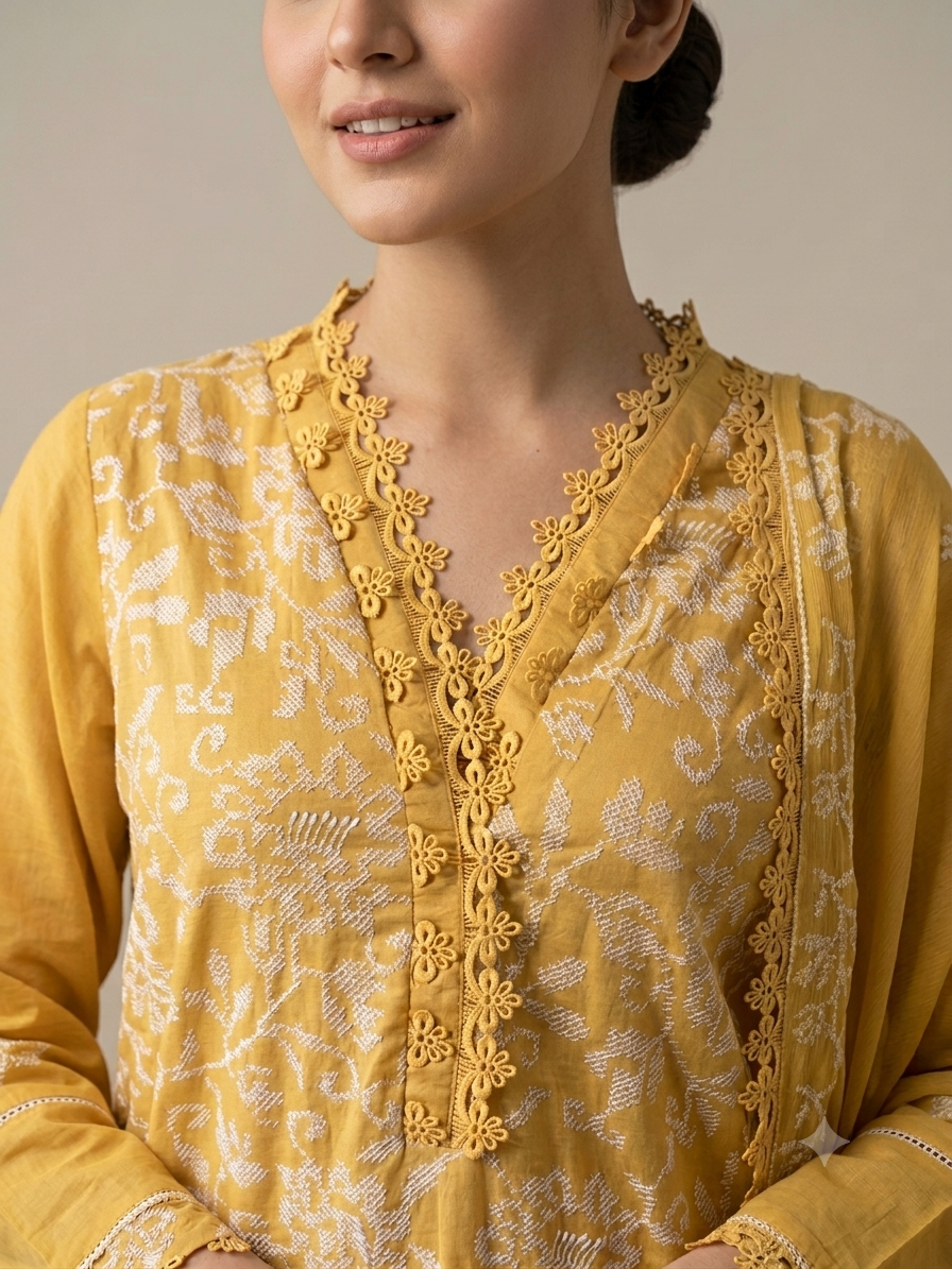 Mustard Embroidered 3PC