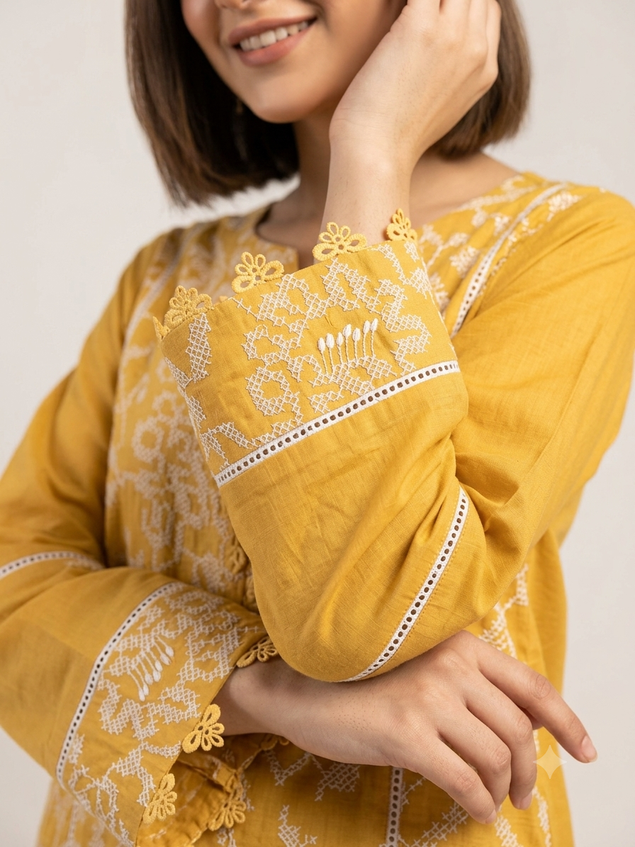 Mustard Embroidered 3PC