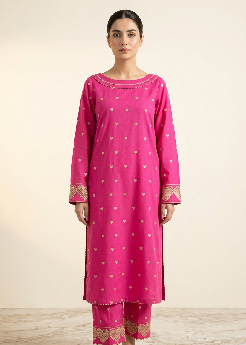 Pink Heart Embroidered 2PC
