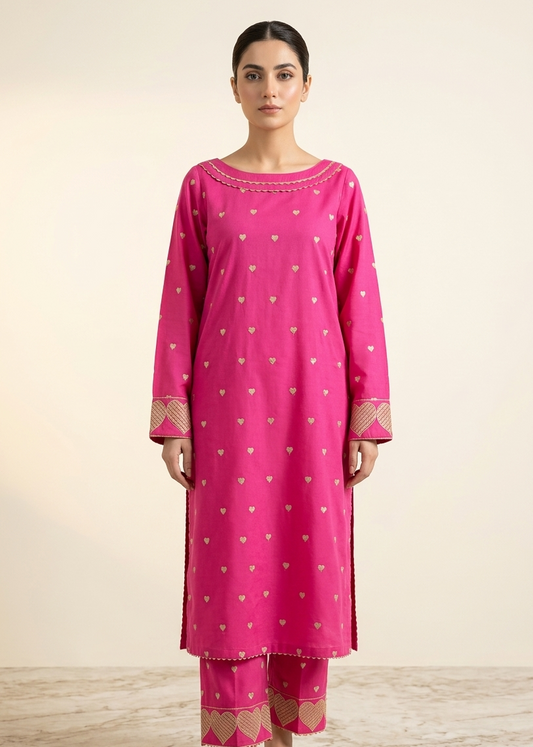 Pink Heart Embroidered 2PC