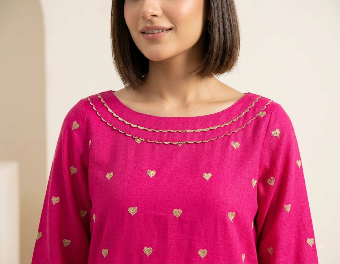 Pink Heart Embroidered 2PC