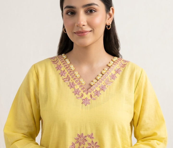 yellow embroidery lawn 2pc