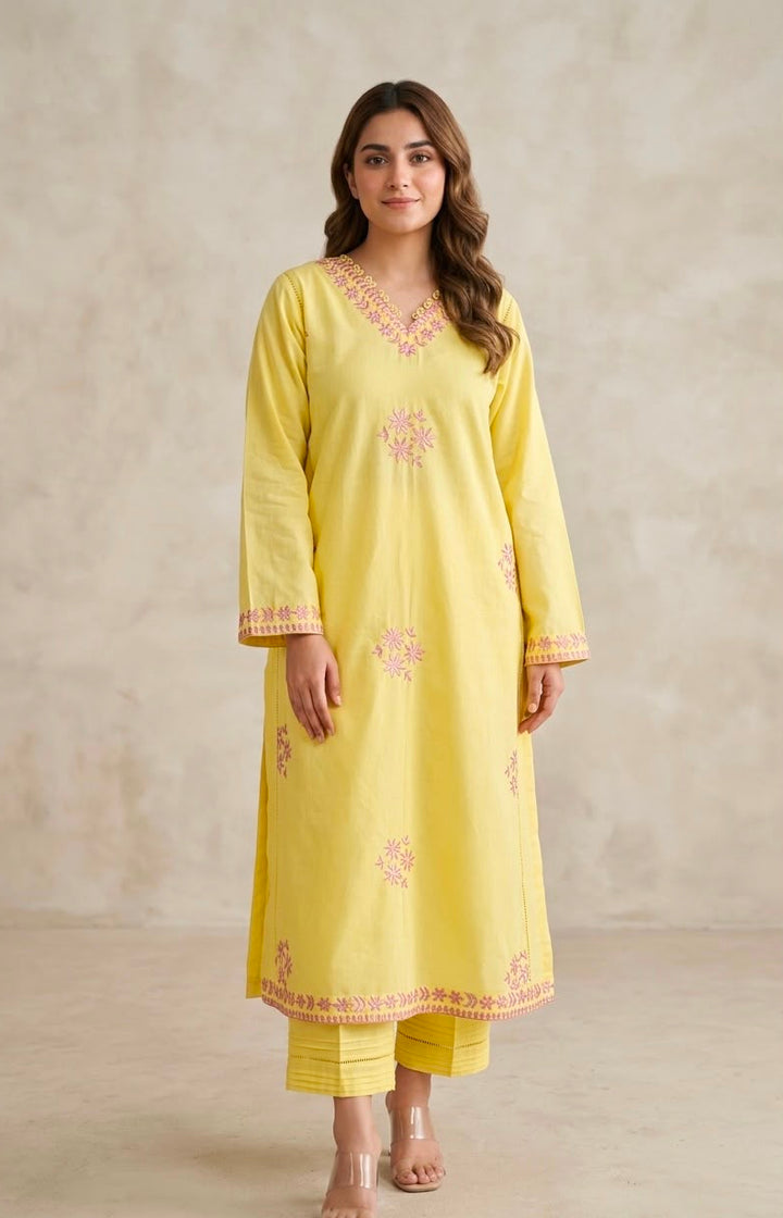 yellow embroidery lawn 2pc