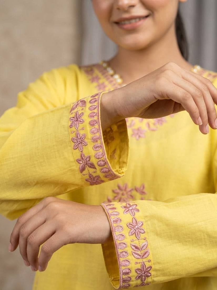 yellow embroidery lawn 2pc