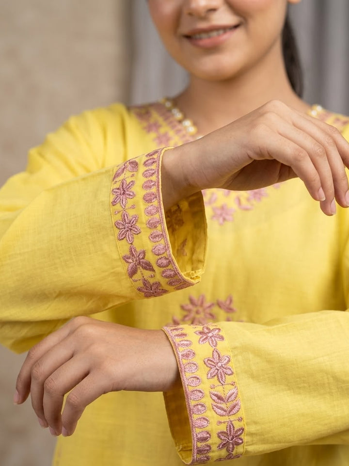 yellow embroidery lawn 2pc